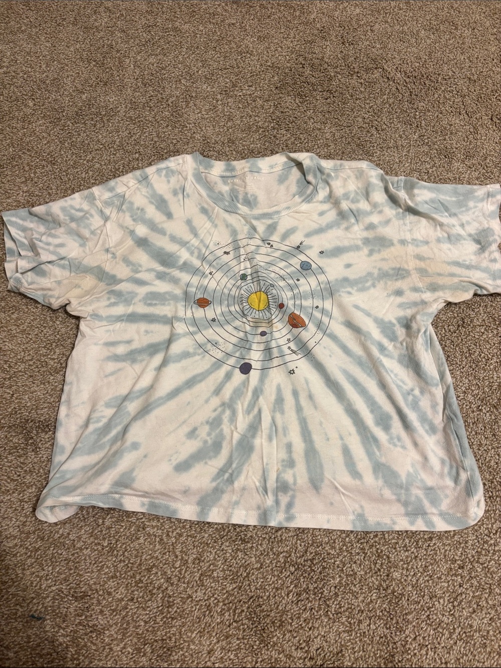 American Eagle Outfitters Light Blue & White Tie-Dye Solar System Tee